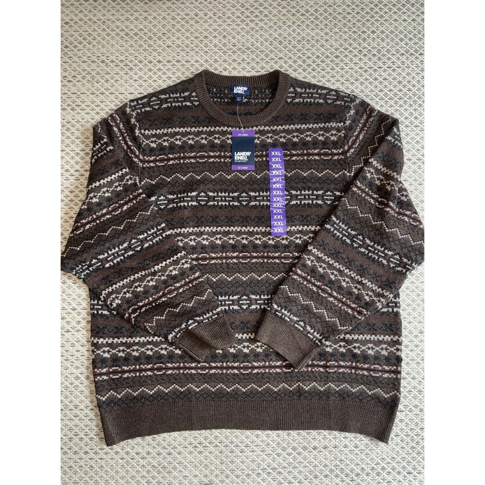 Lands End Sweater Adult XXL Multicolor Fair Isle Knit Crewneck Grandpa Old Money